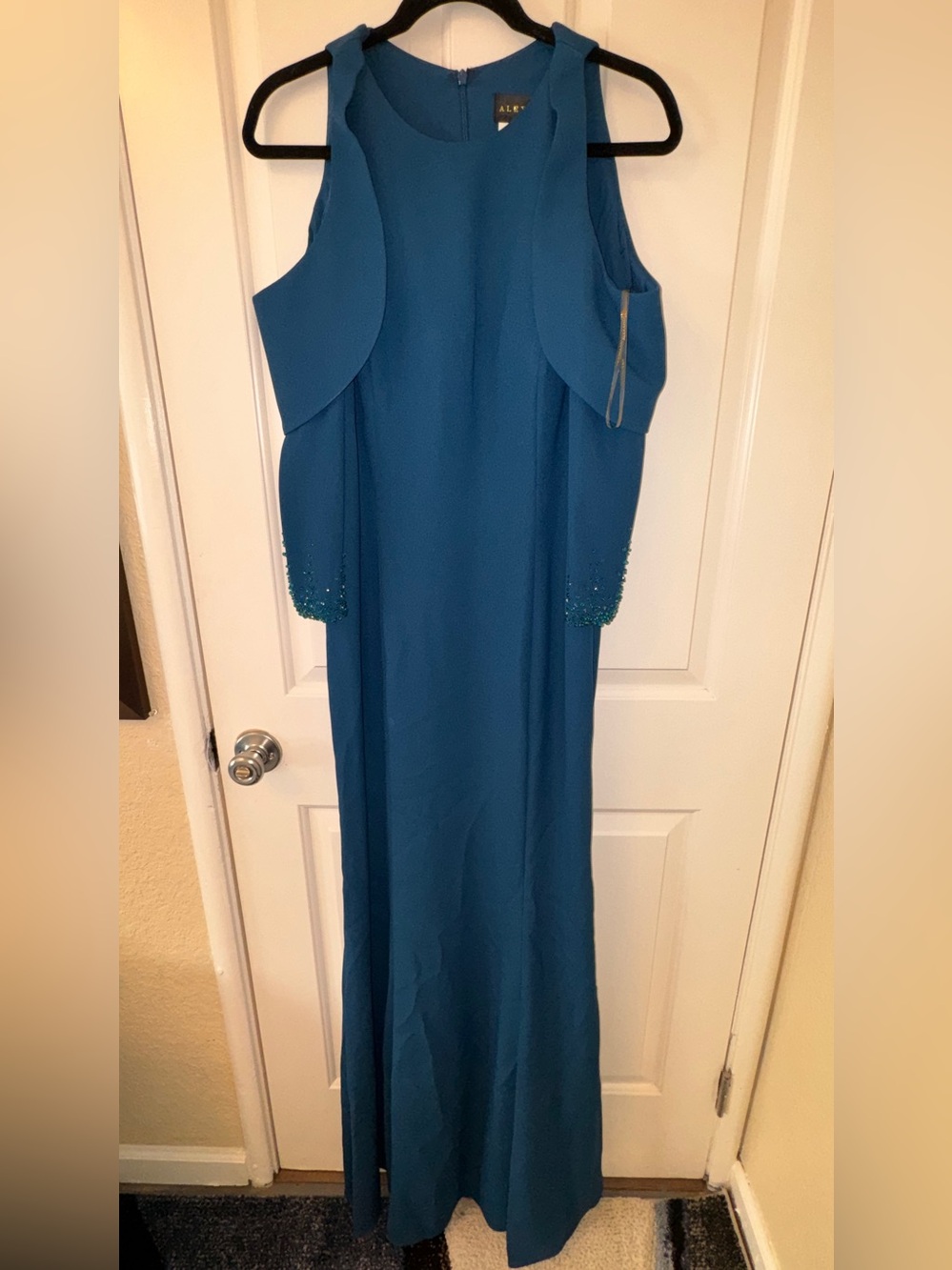 Alexander by Daymor, Rich teal color Cold-Shoulder Dress w/ Beaded Cuff Detail